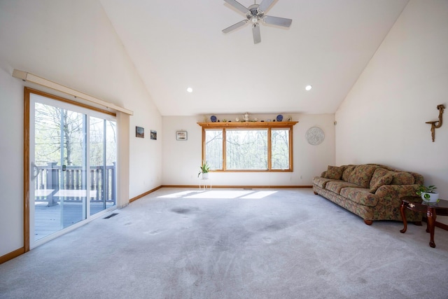 3108 N Rivers Edge Dr, Wayne, MI 48184 - unfurnished living room featuring high vaulted ceiling, carpet, a ceiling fan, baseboards, and visible vents