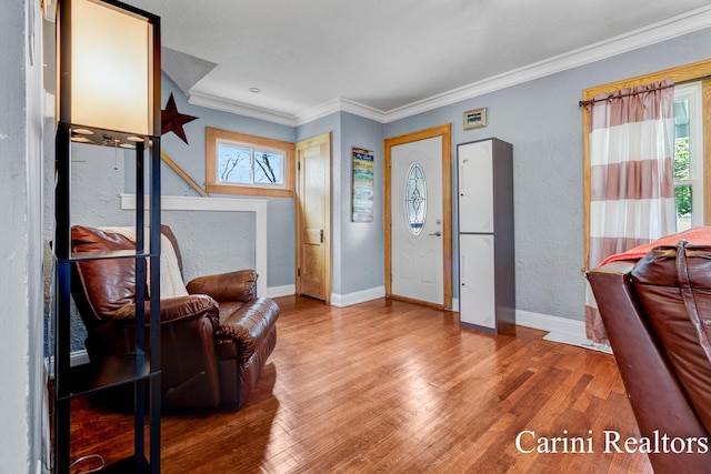 foyer featuring crown molding, baseboards, and plenty of natural light