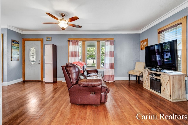 living room featuring ceiling fan, plenty of natural light, wood finished floors, and crown molding