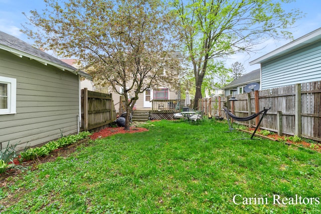 view of yard featuring a fenced backyard and a wooden deck