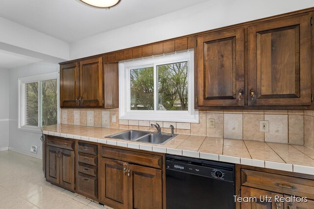 kitchen featuring a sink, a wealth of natural light, decorative backsplash, and dishwasher