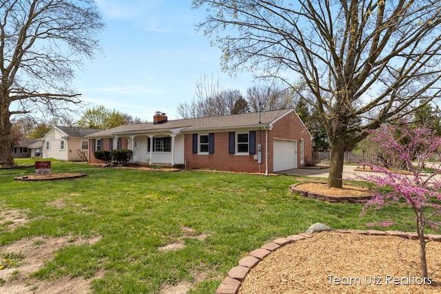 single story home with a garage, a front yard, a chimney, brick siding, and concrete driveway
