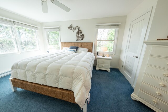 14 N Lighthouse Dr, Mears, MI 49436 - bedroom with multiple windows, a ceiling fan, and dark carpet