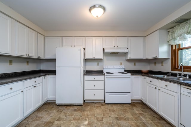 3715 Glen Haven Rd, Saint Joseph, MI 49085 - kitchen with white appliances, a sink, under cabinet range hood, and white cabinetry