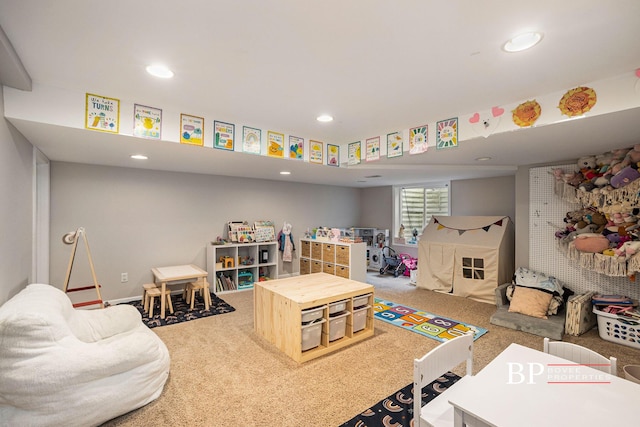 playroom with recessed lighting and carpet flooring