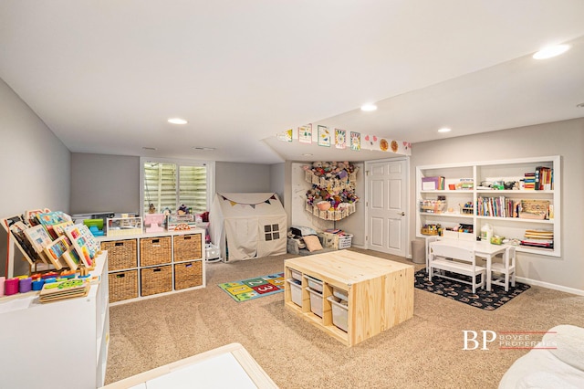 rec room with carpet flooring, recessed lighting, and baseboards