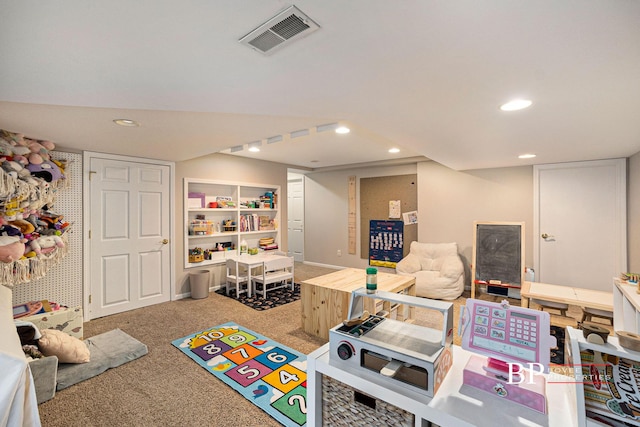 playroom featuring carpet floors, recessed lighting, and visible vents