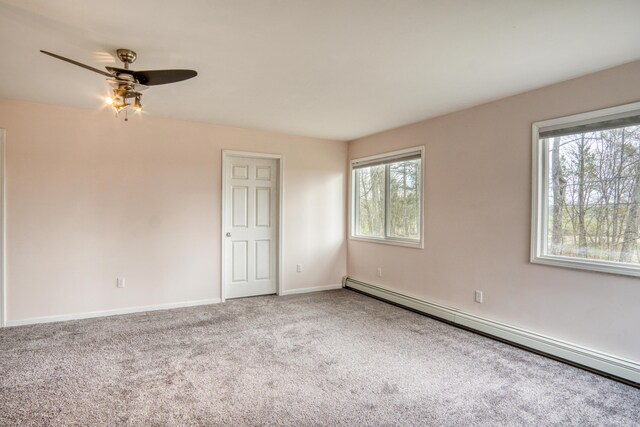 20425 Thornapple Ln, Big Rapids, MI 49307 - carpeted spare room featuring plenty of natural light, baseboards, a baseboard radiator, and a ceiling fan