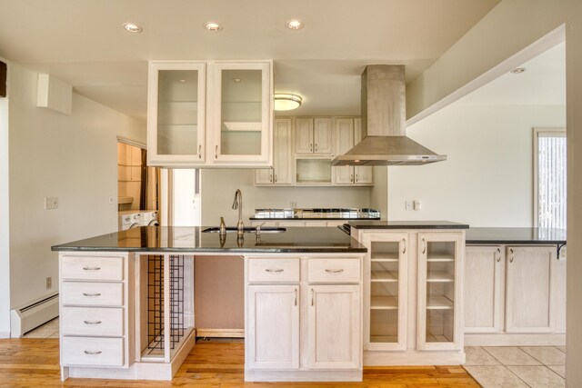 20425 Thornapple Ln, Big Rapids, MI 49307 - kitchen featuring dark countertops, a sink, a baseboard heating unit, and extractor fan