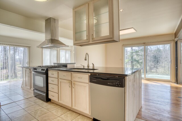 20425 Thornapple Ln, Big Rapids, MI 49307 - kitchen with a healthy amount of sunlight, island range hood, a sink, dishwasher, and black gas range oven