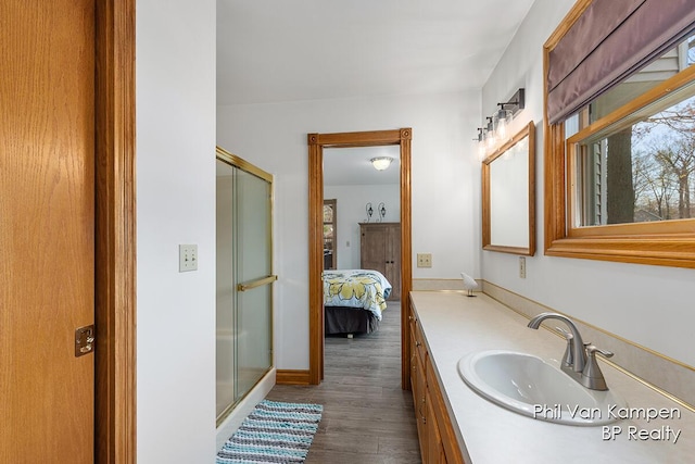 ensuite bathroom featuring vanity, wood finished floors, baseboards, connected bathroom, and a shower stall