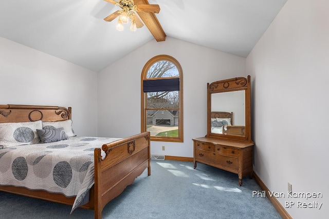 carpeted bedroom with baseboards, vaulted ceiling with beams, a ceiling fan, and visible vents