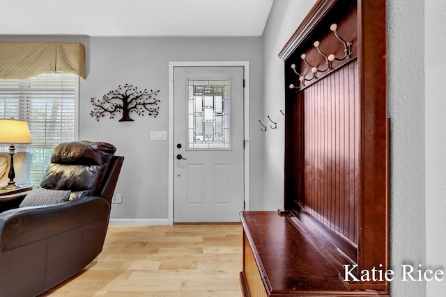 mudroom featuring light wood-style floors, baseboards, and a healthy amount of sunlight