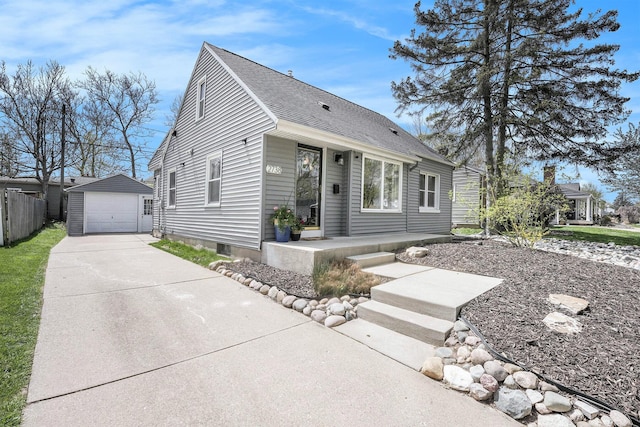 view of front facade with fence, a shingled roof, a garage, concrete driveway, and an outdoor structure