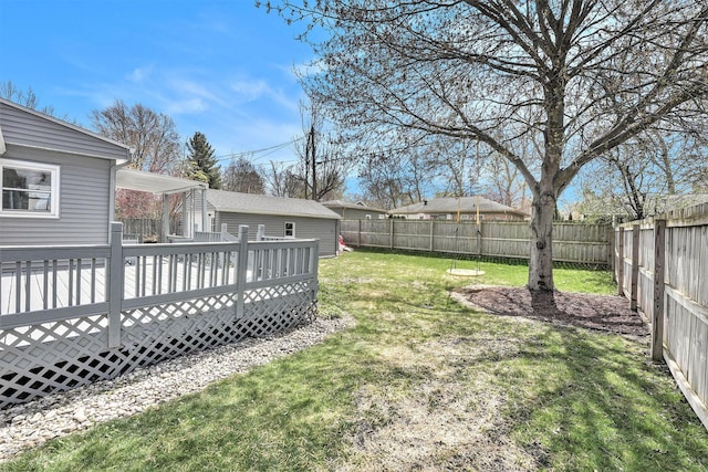 view of yard featuring an outdoor structure, a fenced backyard, and a wooden deck