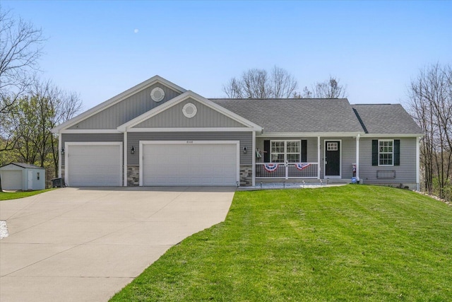 8308 E G Ave, Kalamazoo, MI 49048 - ranch-style house featuring a garage, a front lawn, roof with shingles, a porch, and driveway