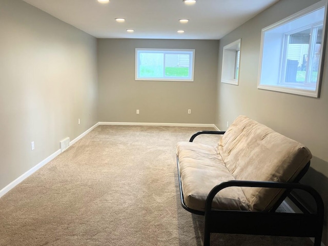 sitting room with baseboards, carpet flooring, recessed lighting, and visible vents