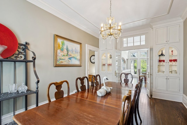 602 N Kalamazoo Ave, Marshall, MI 49068 - dining area featuring a chandelier, dark wood-style flooring, french doors, and ornamental molding