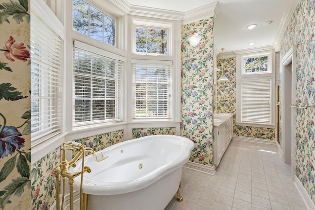 602 N Kalamazoo Ave, Marshall, MI 49068 - full bathroom featuring wallpapered walls, crown molding, a freestanding bath, plenty of natural light, and tile patterned flooring