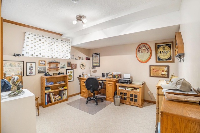 office featuring carpet floors, a textured ceiling, and baseboards