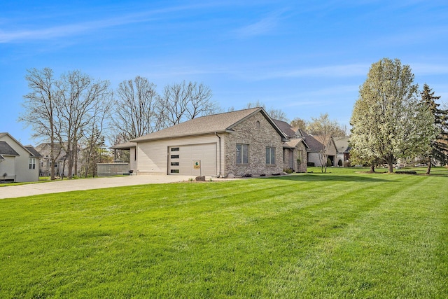 view of property exterior featuring roof with shingles, a yard, brick siding, concrete driveway, and an attached garage