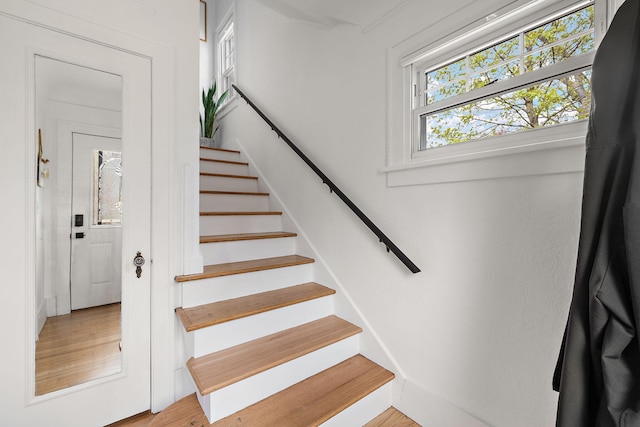 stairway featuring wood finished floors