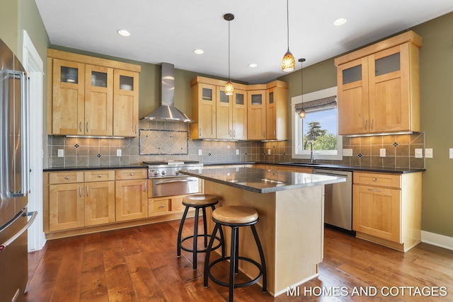 9145 Winterberry Dr, West Olive, MI 49460 - kitchen featuring wall chimney exhaust hood, stainless steel appliances, a sink, dark wood-style flooring, and recessed lighting
