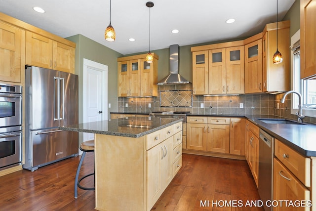 9145 Winterberry Dr, West Olive, MI 49460 - kitchen with stainless steel appliances, wall chimney range hood, a sink, dark wood-type flooring, and glass insert cabinets