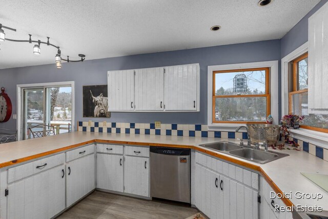 4600 S Teal Ln, Newaygo, MI 49337 - kitchen with a textured ceiling, stainless steel dishwasher, a sink, light countertops, and white cabinets