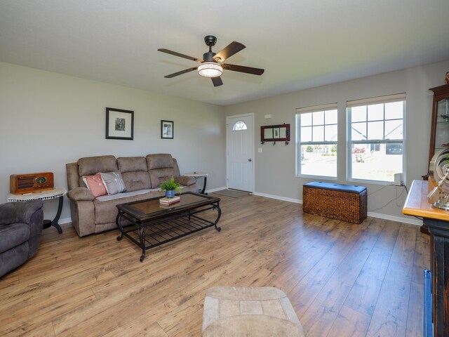 30777 Packard St, Paw Paw, MI 49079 - living area featuring a ceiling fan, baseboards, and wood-type flooring