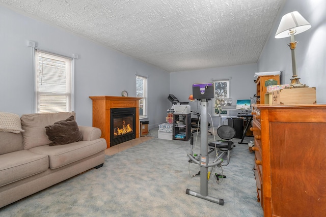 office with carpet flooring, a textured ceiling, a glass covered fireplace, and plenty of natural light