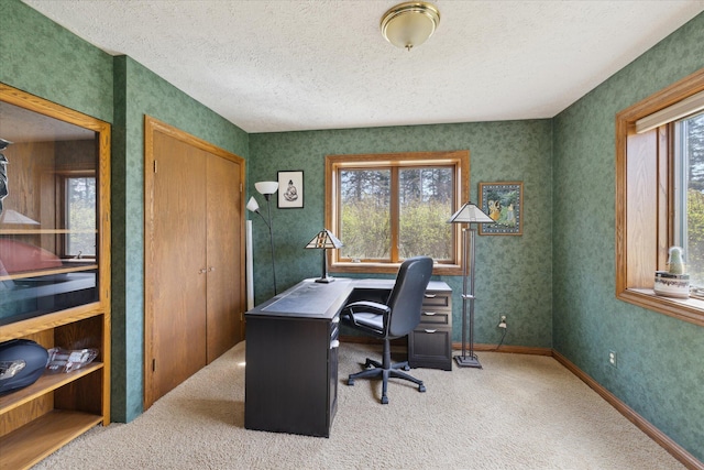 home office with a healthy amount of sunlight, carpet, and a textured ceiling