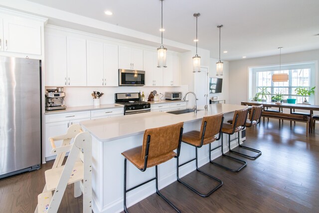2841 Hardwick Rd, Ann Arbor, MI 48105 - kitchen with a breakfast bar area, an island with sink, appliances with stainless steel finishes, a sink, and dark wood-type flooring