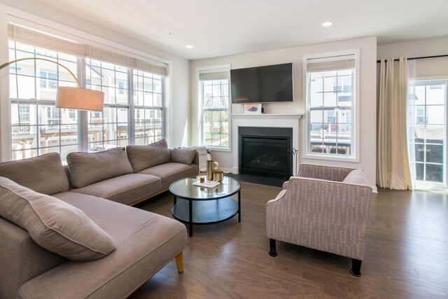 2841 Hardwick Rd, Ann Arbor, MI 48105 - living area with a healthy amount of sunlight, recessed lighting, a fireplace with flush hearth, and dark wood finished floors