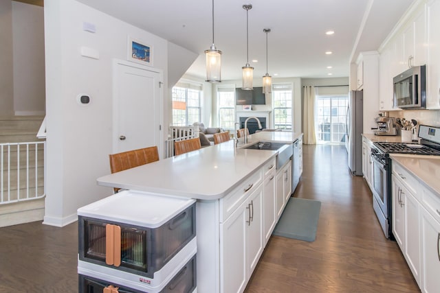 2841 Hardwick Rd, Ann Arbor, MI 48105 - kitchen with a sink, a center island with sink, stainless steel appliances, white cabinetry, and dark wood-style floors