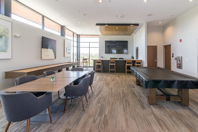 2841 Hardwick Rd, Ann Arbor, MI 48105 - recreation room featuring recessed lighting, billiards, wood finished floors, and a wall of windows