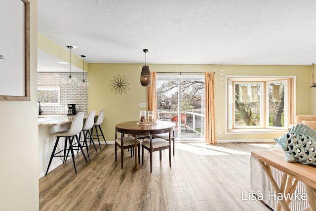 dining space with baseboards and wood finished floors