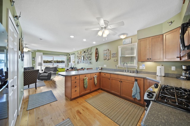 5576 Rays Dr, Onsted, MI 49265 - kitchen with black appliances, a sink, a ceiling fan, and a peninsula