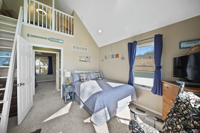 5576 Rays Dr, Onsted, MI 49265 - carpeted bedroom with visible vents, baseboards, high vaulted ceiling, and multiple windows