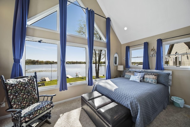 5576 Rays Dr, Onsted, MI 49265 - bedroom featuring carpet floors, baseboards, a water view, and high vaulted ceiling