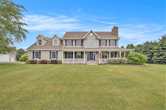 2191 W Linco Rd, Stevensville, MI 49127 - colonial house featuring a chimney, a front yard, a porch, and a shingled roof