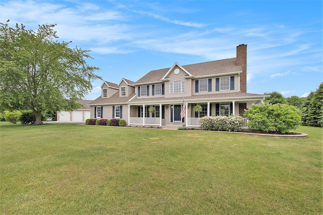 2191 W Linco Rd, Stevensville, MI 49127 - colonial-style house featuring covered porch, a front lawn, a chimney, and a shingled roof