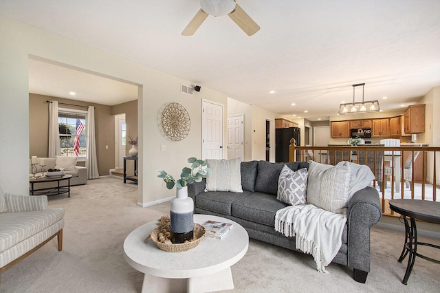 2191 W Linco Rd, Stevensville, MI 49127 - living room featuring light carpet, ceiling fan, recessed lighting, and baseboards