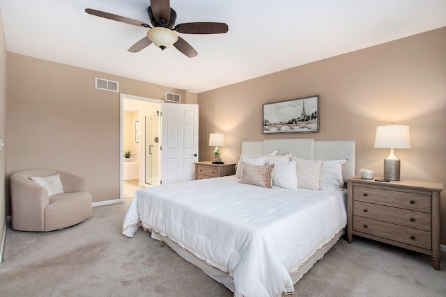 2191 W Linco Rd, Stevensville, MI 49127 - bedroom featuring light colored carpet, connected bathroom, baseboards, and a ceiling fan