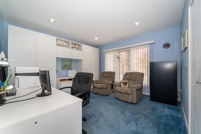 office area featuring dark colored carpet and recessed lighting