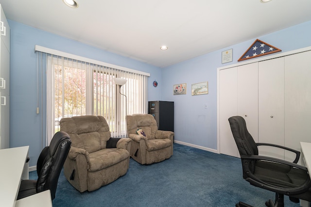 carpeted office space featuring recessed lighting and baseboards