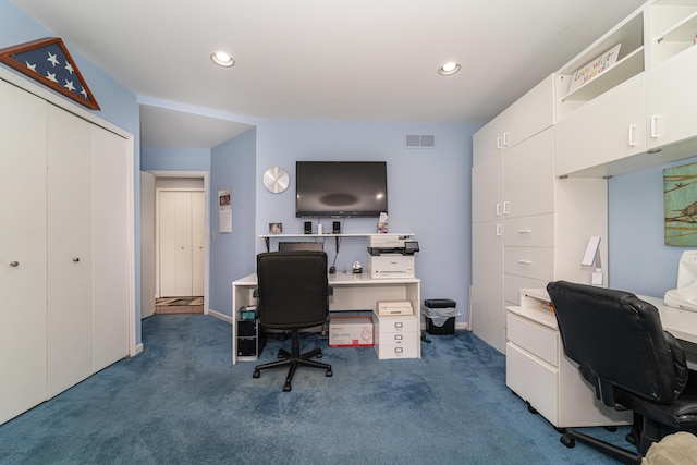 office area featuring recessed lighting, visible vents, and dark carpet
