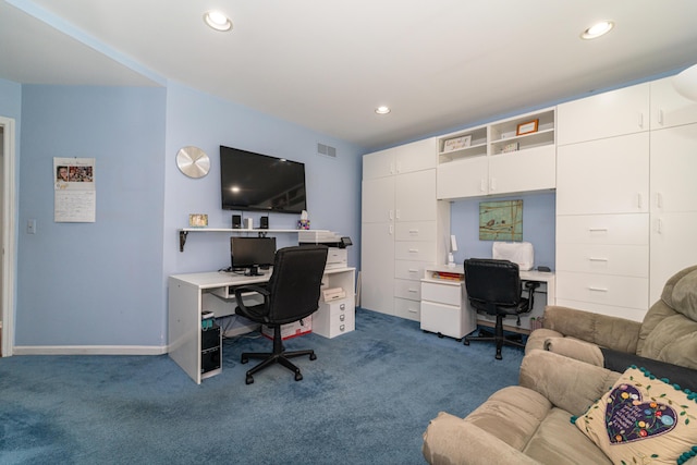 office featuring dark colored carpet, recessed lighting, and visible vents