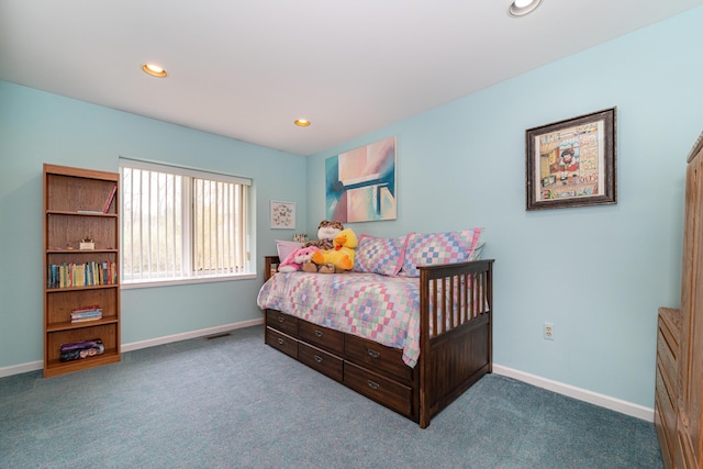 carpeted bedroom with recessed lighting, baseboards, and visible vents