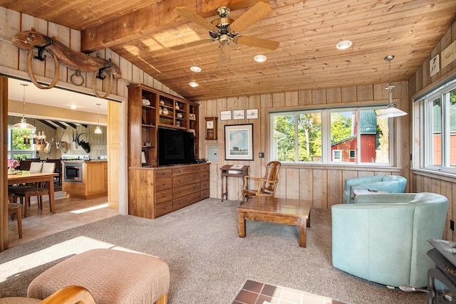 2347 W W Dowling Rd, Delton, MI 49046 - living room featuring wooden ceiling, vaulted ceiling, wood walls, a ceiling fan, and recessed lighting